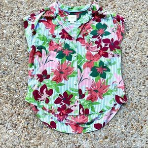 Maeve Raffine Anthropologie Floral Striped Short Sleeve Button Down Top Size XS